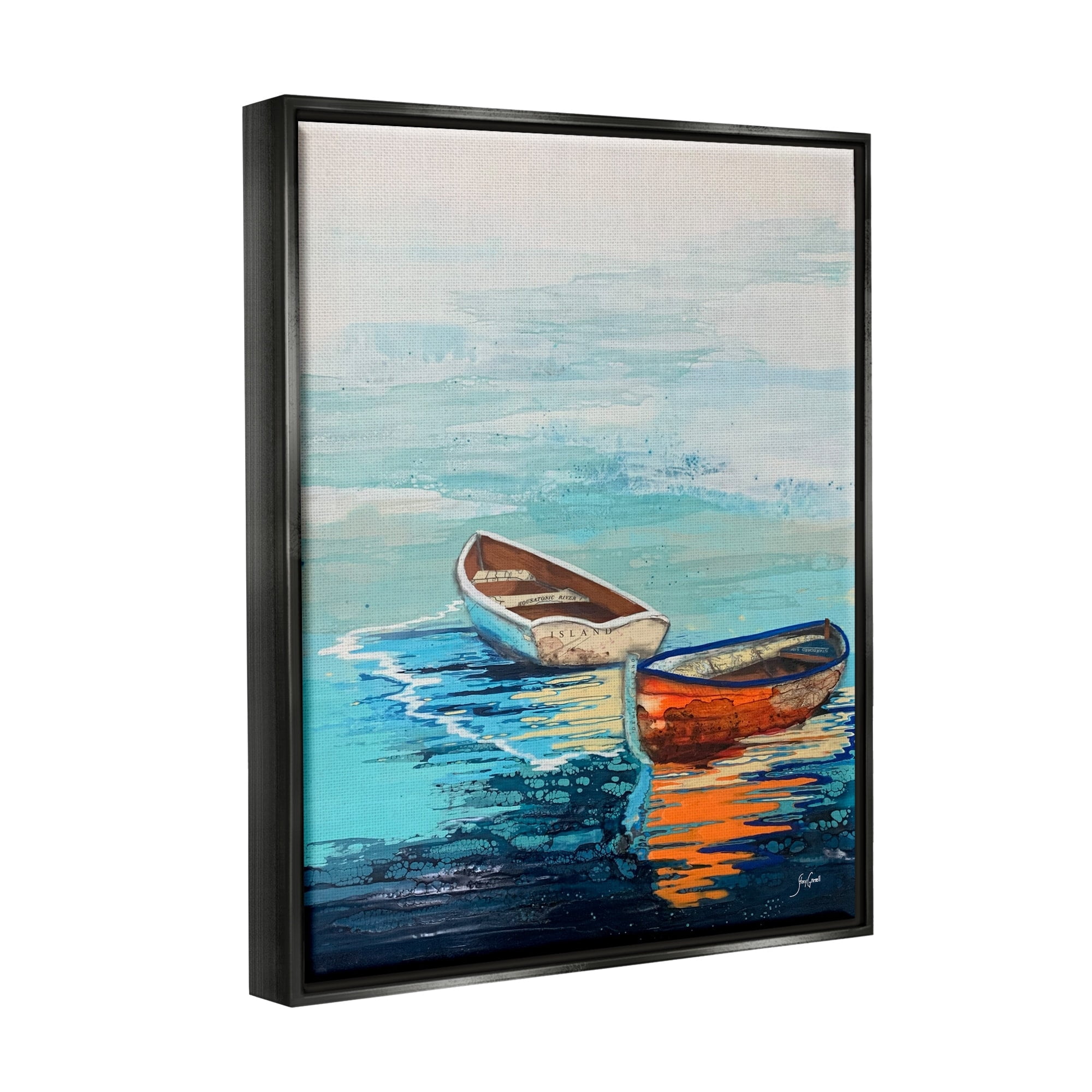 Stupell Industries Quiet Boats Drifting Vivid Ocean Surface Reflection Painting Jet Black Floating Framed Canvas Print Wall Art, Design by Stacy Gresell