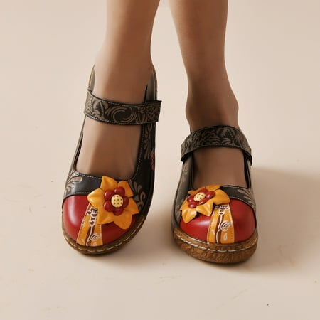 

Qepwscx Women Folk-Custom Color Block Hollow-out Manual Flower Printing Splice Color Flat Heel Shoes