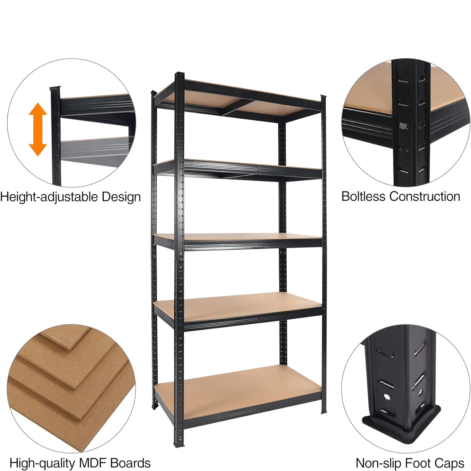 Miniyam 2000LBS Capacity 5 Tier Laminated Metal Shelving Unit, Adjustable Storage Rack, Black