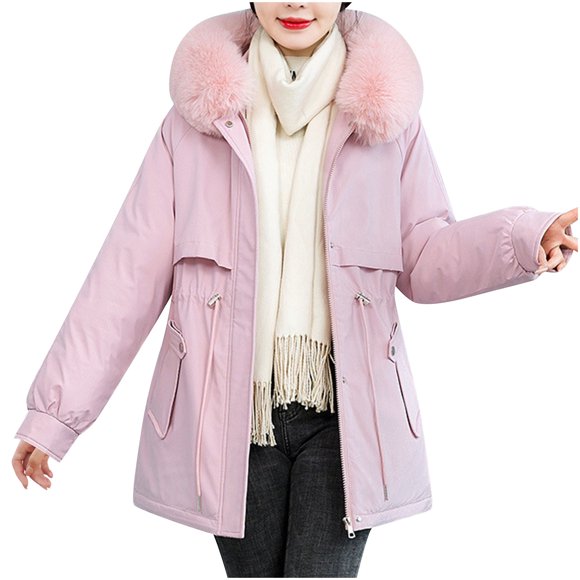 WRKEKC Women's Hooded Parka Detachable Faux Fur Trim Quilted Thermal Insulated Winter Coat with Lamb Wool Lining for Extreme Cold Weather Pink 3XL