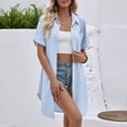 thumbnail image 3 of Craaazy Women's Oversized Mid-Length Solid Color Collared Short Sleeve Top - Roll-Up Cuff Pocket Button-Front Casual Cover-Up Blouse Gifts, 3 of 8