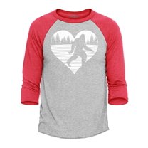 Shop4Ever Men's Bigfoot Heart Love Sasquatch Valentine Raglan Baseball Shirt XXX-Large Heather Grey/Red