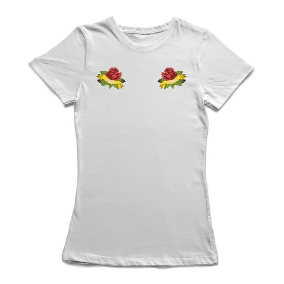 Vintage Rose Blooms Chest Design Women White T-Shirt, Female Large