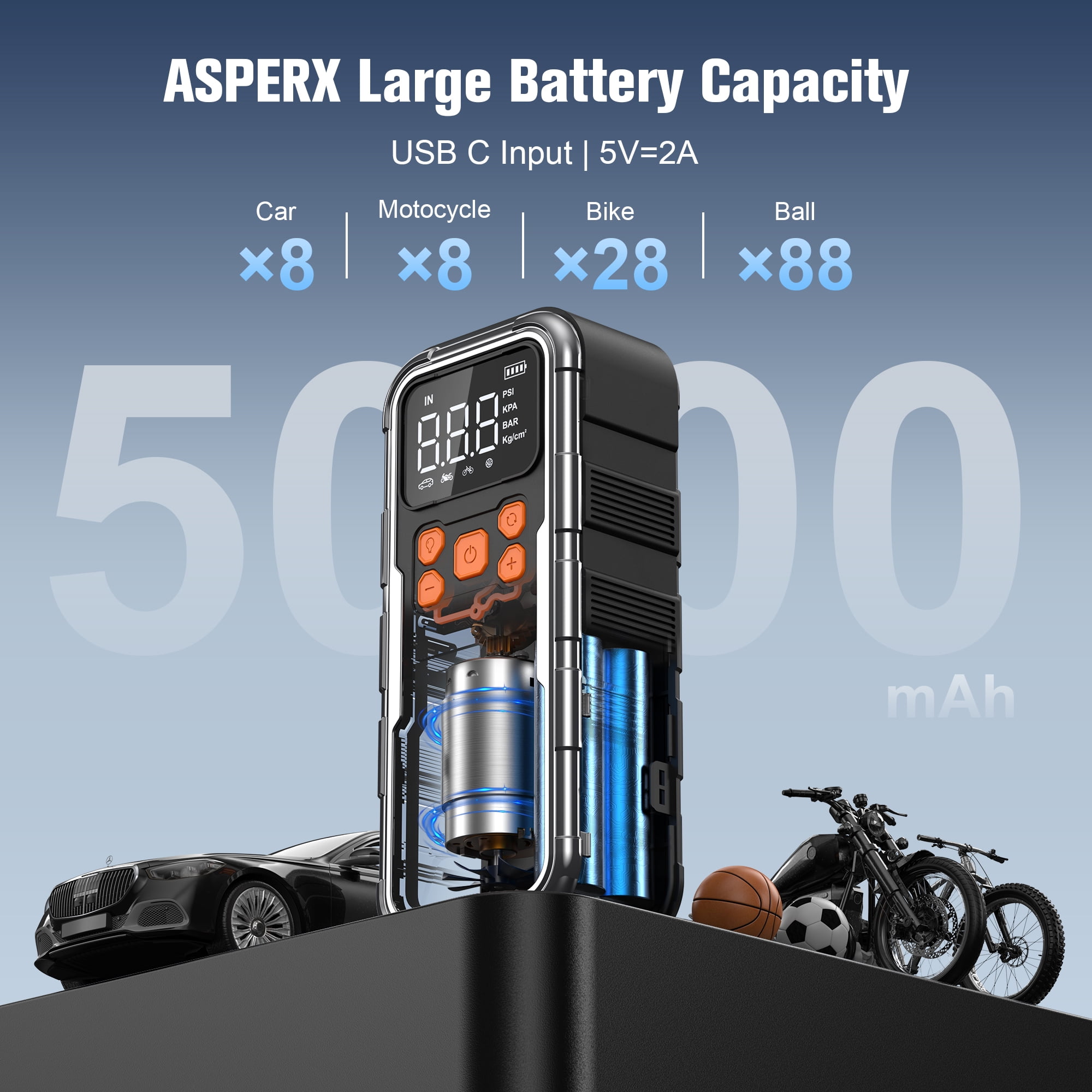 ASPERX Tire Inflator Portable Air Compressor, 150PSI Cordless Air Pump for Car Tires with Digital Gauge & Auto Shut-off – Fast Inflation for Car, Motorcycle, Bike, Ball