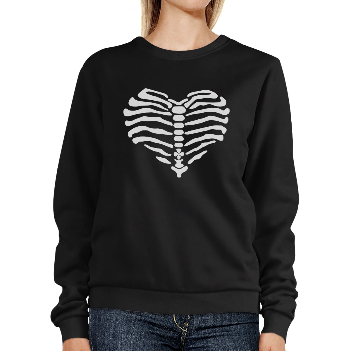 365 Printing Skeleton Heart Halloween Sweatshirt Black Crew Neck