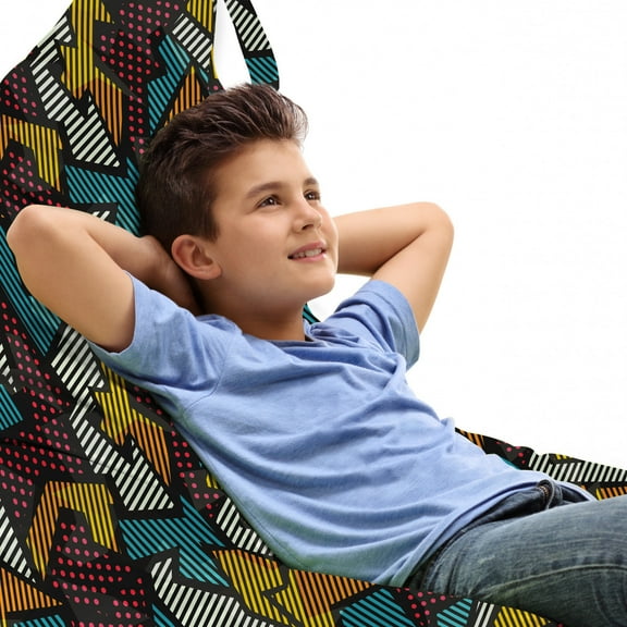Geometric Lounger Chair Bag, Abstract Shapes with Striped and Polka Dotted Patterns Urban Teenage Retro Design, High Capacity Storage with Handle Container, Lounger Size, Multicolor, by Ambesonne