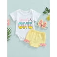 thumbnail image 2 of Infant Girls Three-piece Layette White Letters Print Short Sleeve Romper Ruffled Shorts Set with Headband, 2 of 9