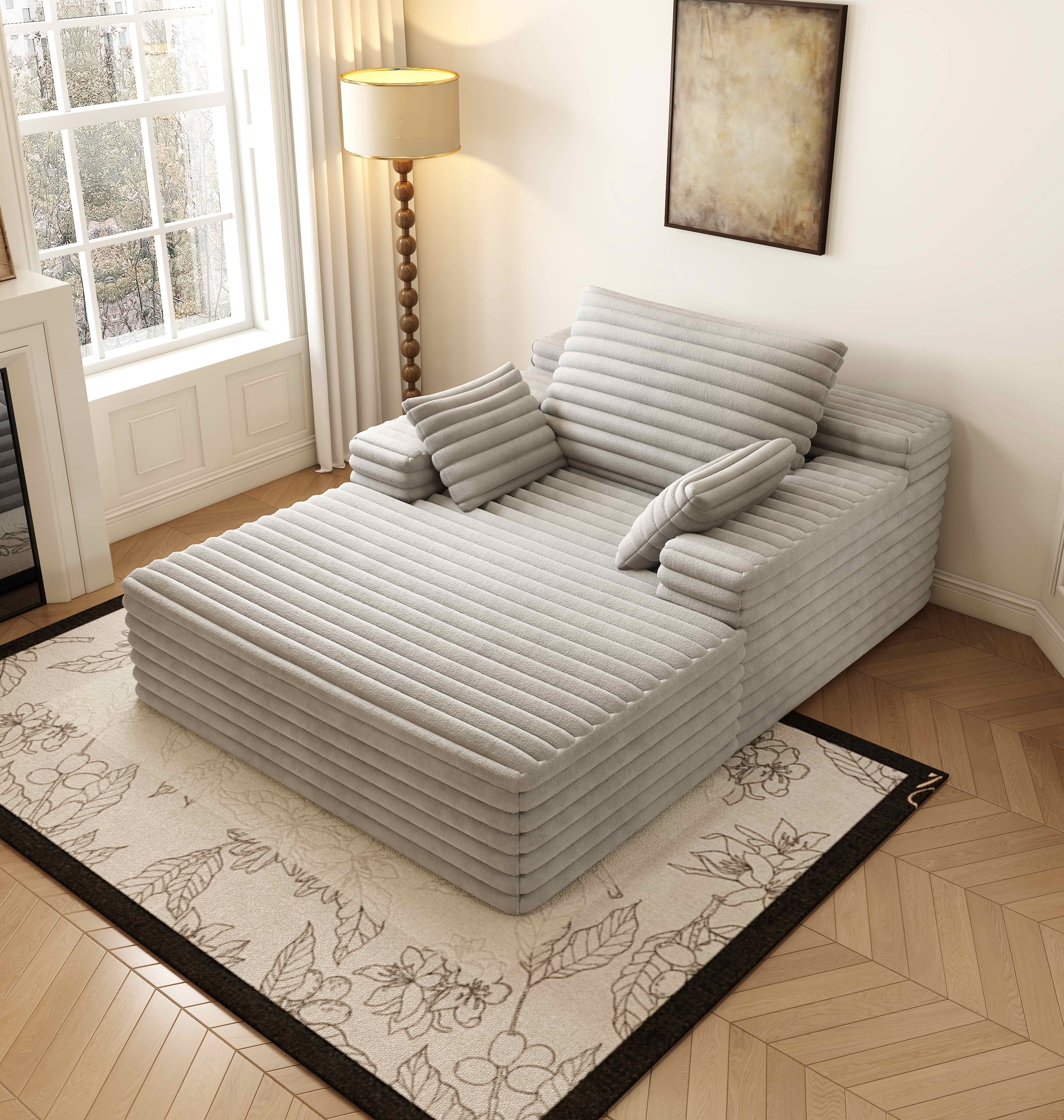 MAYEERTY Oversized Corduroy Chaise Lounge, 600lbs Capacity Indoor Lounge Chair, Ergonomic Accent Chair with Pillows for Living Room Bedroom, No Assembly Required