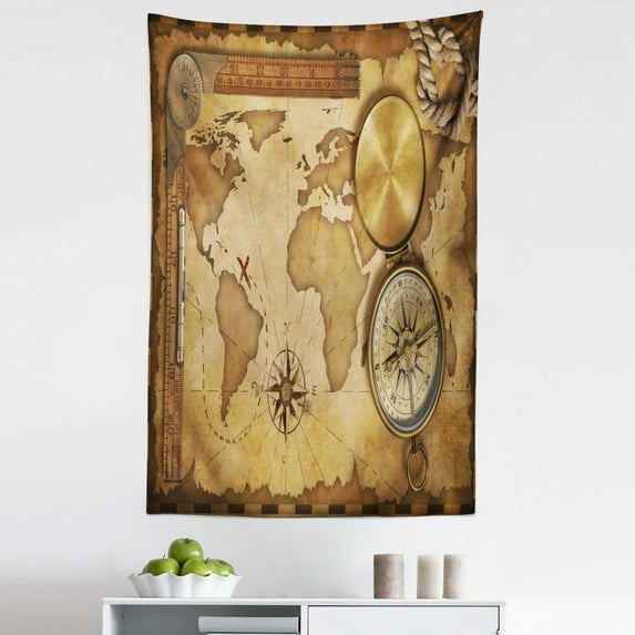 Map Tapestry, Aged Vintage Treasure Map Ruler Old Compass Antique Adventure Discovery, Fabric Wall Hanging Decor for Bedroom Living Room Dorm, 5 Sizes, Brown Pale Brown, by Ambesonne