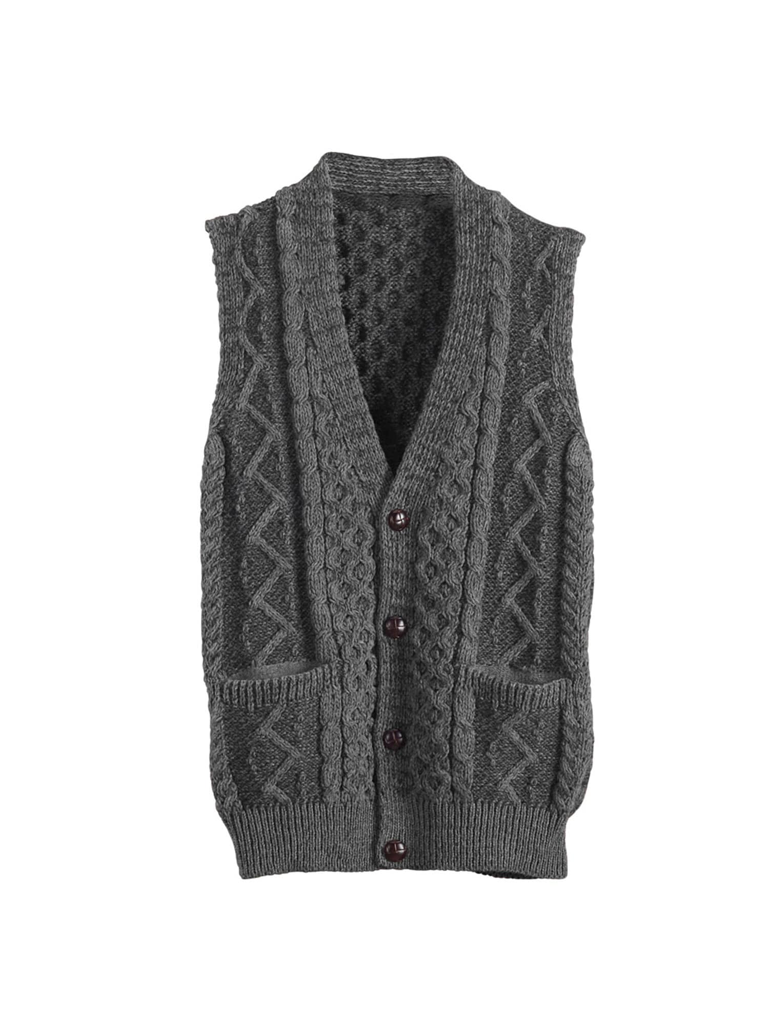 Carraig Donn Men's Aran Waistcoat - Cable Knit Wool Button Down Sweater Vest Gray