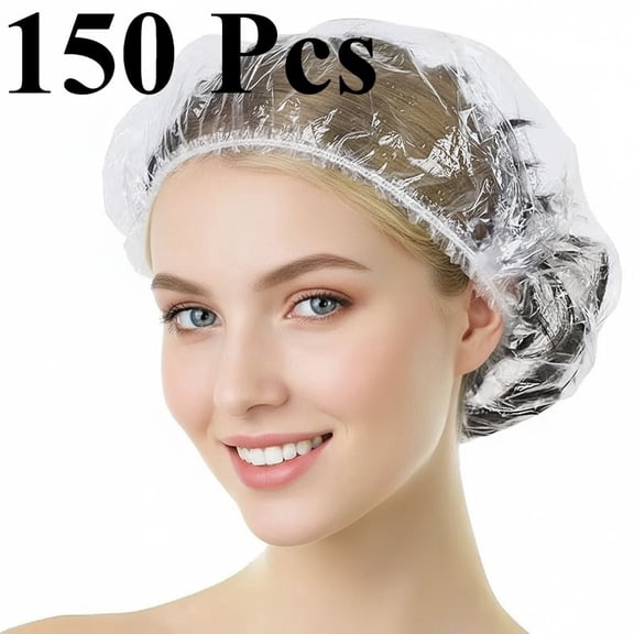 150PCS Disposable Shower Caps, Plastic Clear Hair Cap Large Thick Waterproof Bath Caps for Women, Hotel Travel Essentials Accessories Deep Conditioning Hair Care Cleaning Supplies(17.3")