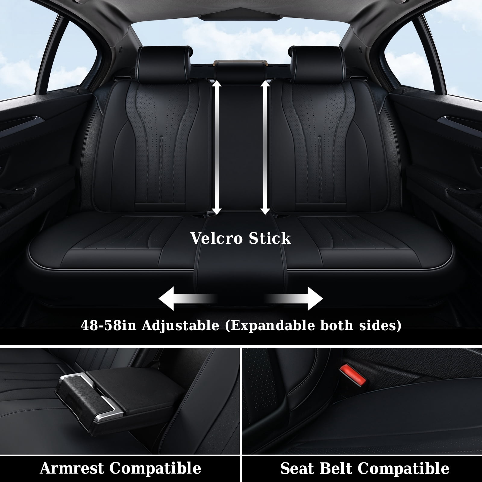 Coverado Full Set Car Seat Covers, Waterproof Faux Leather Front and Rear Seat Protector, Breathable Seat Cushions Universal Fit for Most Cars, Black
