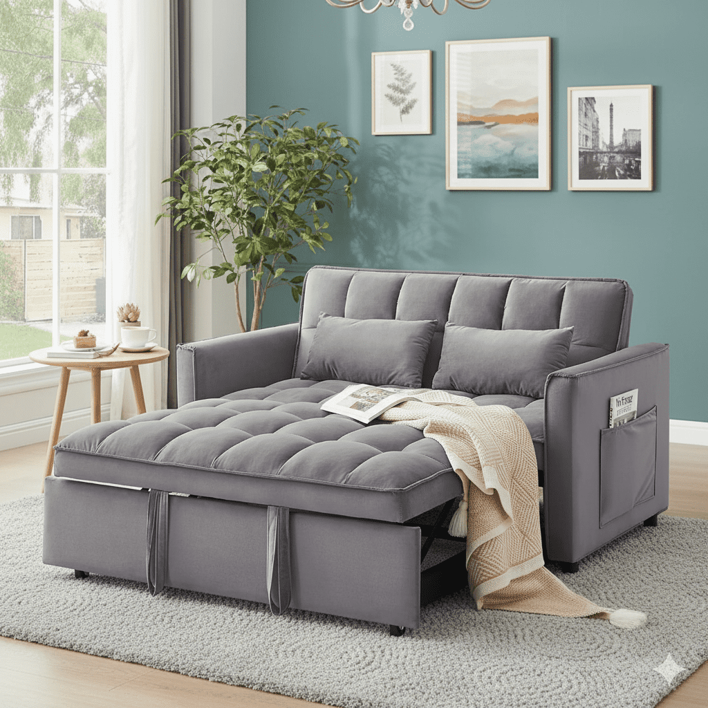 3 in 1 Sleeper Sofa Bed, 55" Convertible Pull Out Couch with Adjustable Backrest, Velvet Loveseat Sofa with Side Pockets for Living Room, Bedroom, Apartment, and Small Space (Dark Gray)