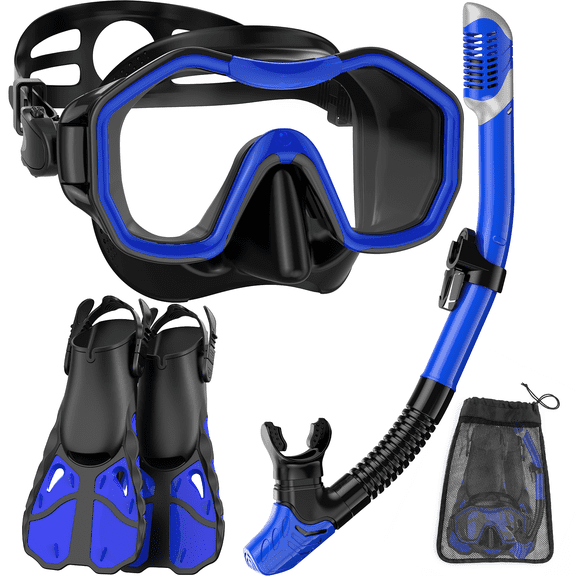 Greatever Mask Fins Snorkeling Gear for Adults,180° Panoramic Wide View Diving Mask Breathing Freely Snorkel Mask, Panoramic View  Dry Top Anti-Fog Anti-Leak Blue
