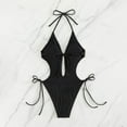 thumbnail image 5 of Sakmal Black Womens Bathing Suits Cutout Tie Side Tummy Control One Piece Swimsuits Solid Halter Deep V-Neck Swimwear, 5 of 8