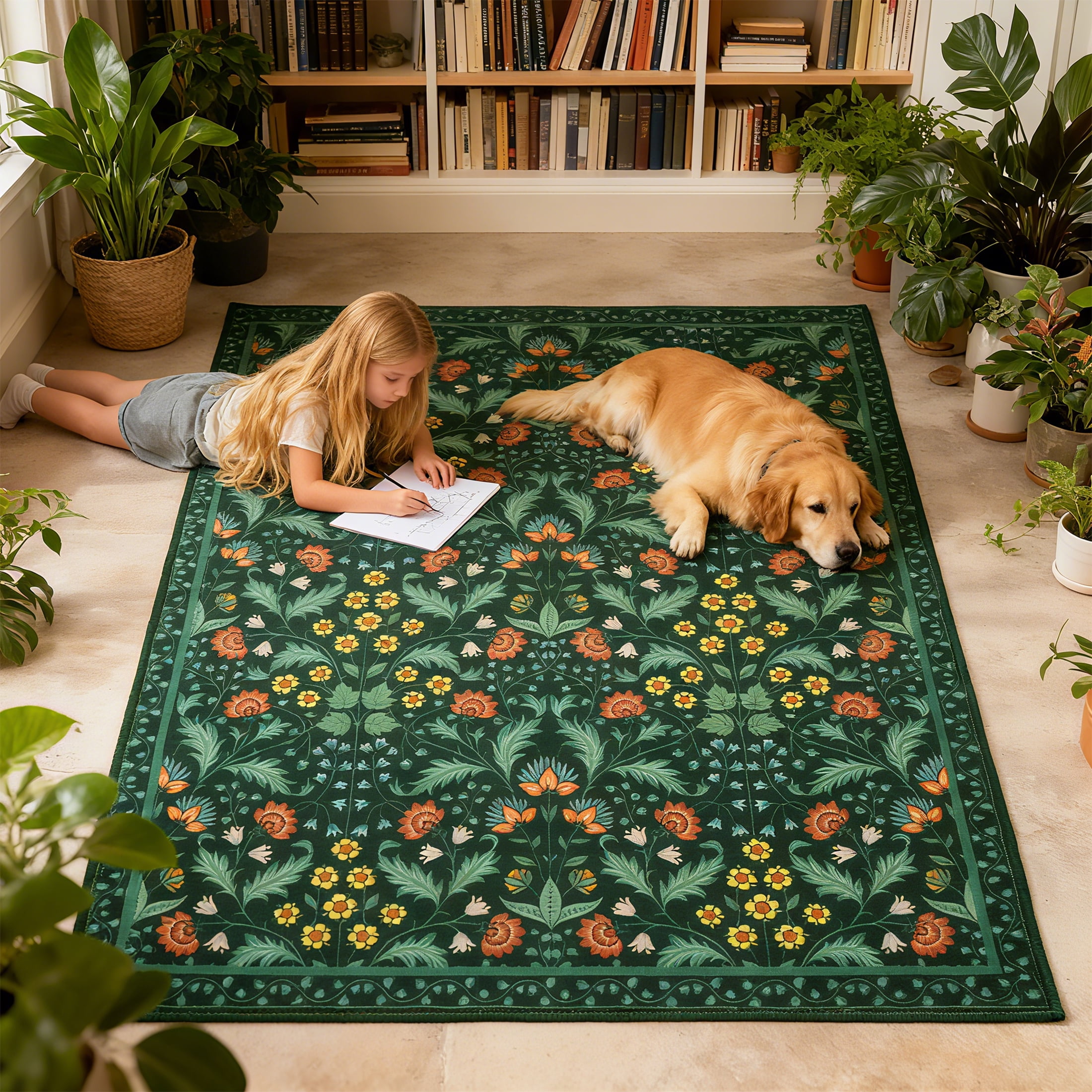ARJINCUTE Spring Blooms Vintage Green Area Rugs 9'x12', Non Slip, Low Pile, Soft Touch, Machine Washable, Foldable