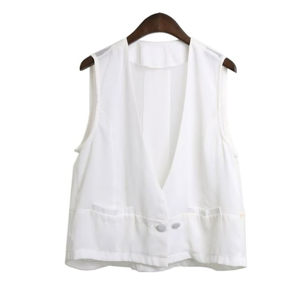 YM YOUMU Women Chiffon Vest Top V-neck Waistcoat with Pockets Sleeveless Double-breasted Loose Outerwear