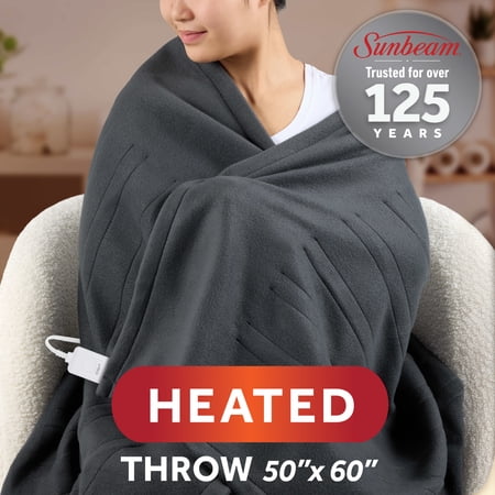 SUNBEAM ELECTRIC HEATED THROW BLANKET GRAY FLEECE 4 HEAT SETTINGS, 50X60