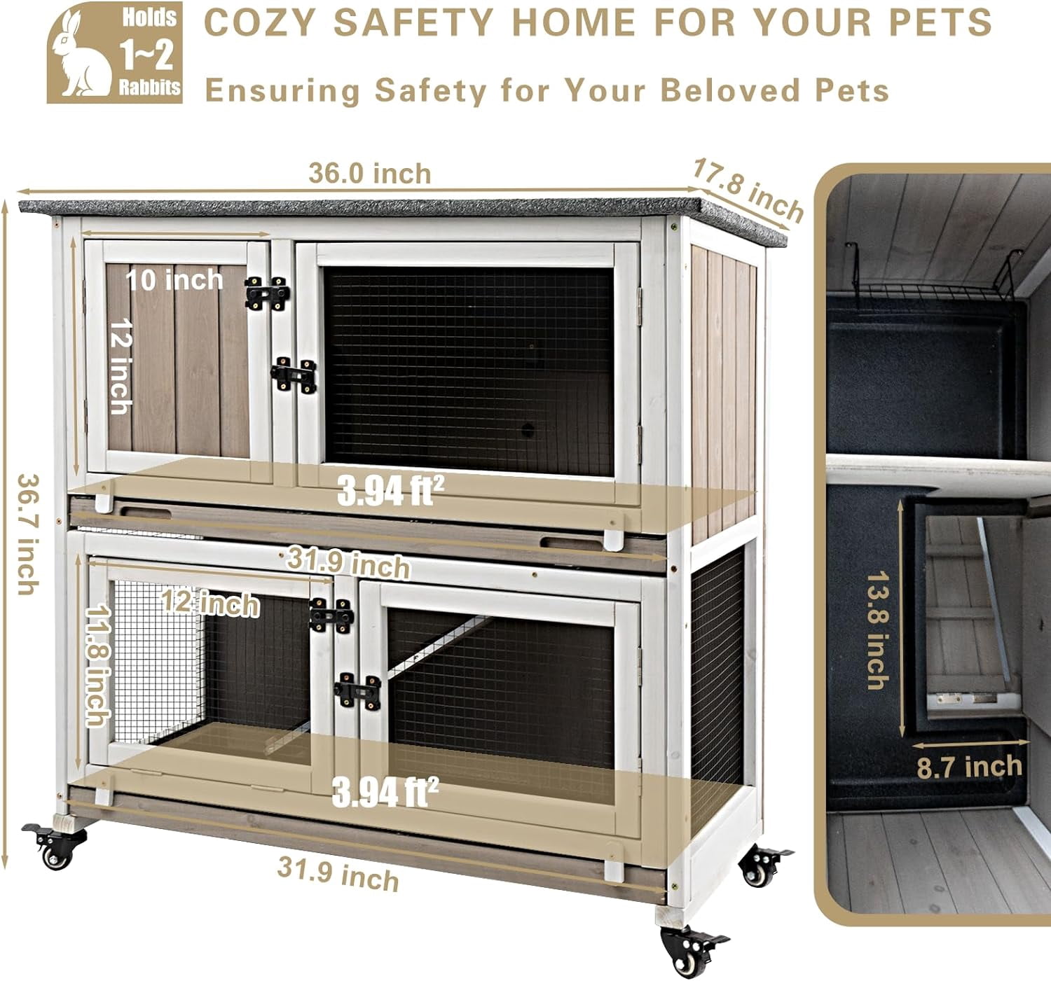 36 Inch Indoor Rabbit Hutch with 4 Lockable Wheels, 2-Story Wooden Bunny Cage Outdoor, 2 Deep Pull Out Trays, Ramp, Guinea Pig House for Small Pets, White