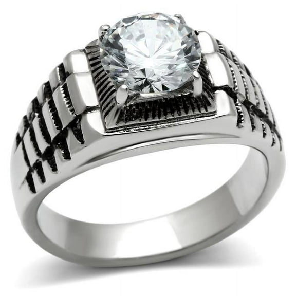 Men High Polished Stainless Steel Ring with AAA Grade CZ in Clear - Size 10