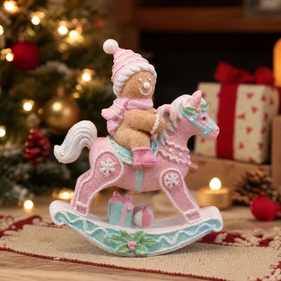 MORESEC Christmas Decoration Gingerbread Man on Rocking Horse Tabletop Ornament for Mantel Shelf Dining Table Home Decor Reusable Indoor Outdoor Festive Display