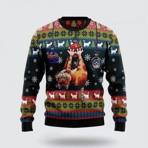 Pet Cat Sweater, Cat Hanging On Xmas Tree Ugly Christmas Sweater, Gift For Cat Love, Cat Crewneck Sweater, Winter Fashion
