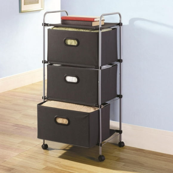 Mainstays 3-Tier Drawer Cart, 3 Grey fabric drawers, wheel casters for portability, Closet storage organizer, Small Fabric Dresser for Bedroom, Closet, Entryway, Hallway, Nursery, Dorm