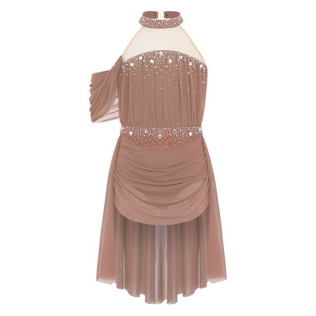 Manyakai Girls Ruched Mesh Dance Dress Shiny Rhinestones Draping Halter Backless Cutout Backless Skirts with Irregular Hem Dusty Pink 10