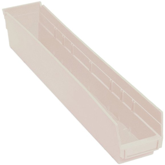 Economy shelf bin 23-5/8W x 4-1/8D x 4H includes (7) divider slots rear hanglock molded-in label holder polypropylene ivory Made in USA