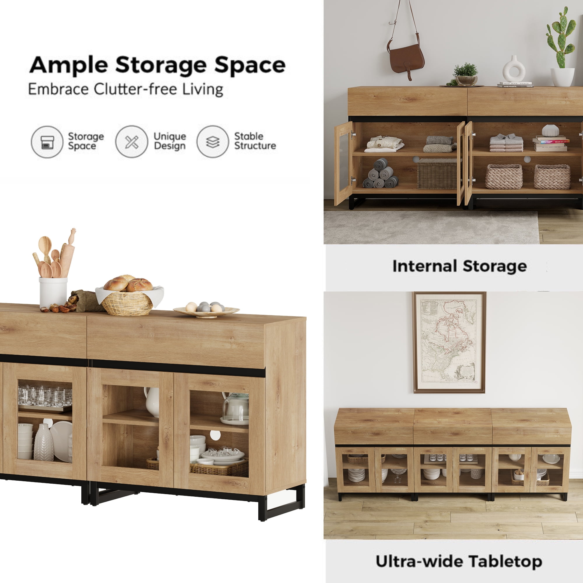 WAMPAT 94.5" Multifunctional Modern Sideboard Buffet Cabinet with 6 Glass Doors & 3 Drawers, Credenza & Coffee Bar Storage Cabinet for Living Room & Kitchen