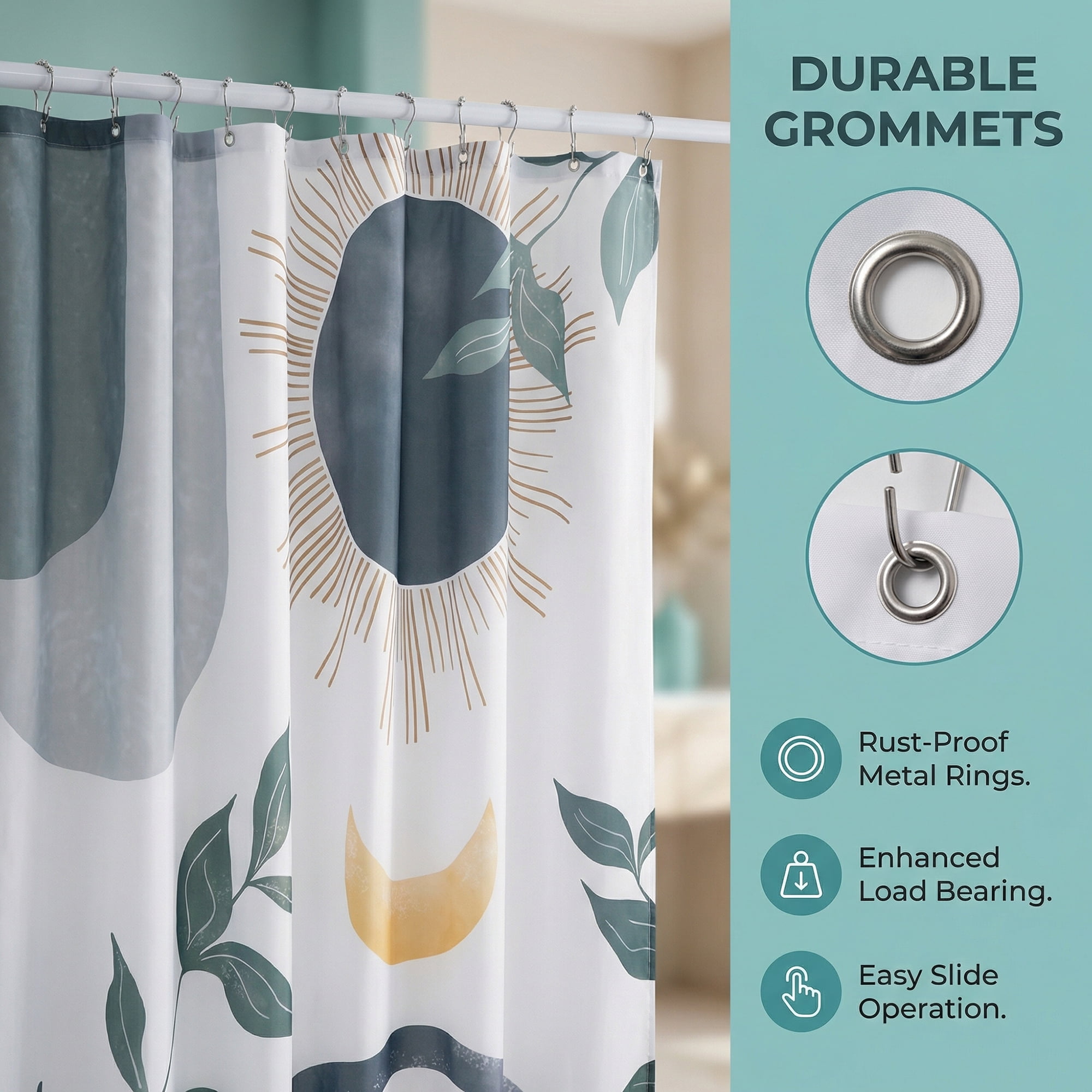 Unique Bargains Leaf Print Shower Curtain Bohemian Waterproof Set Grey Black 71"W x 71"L