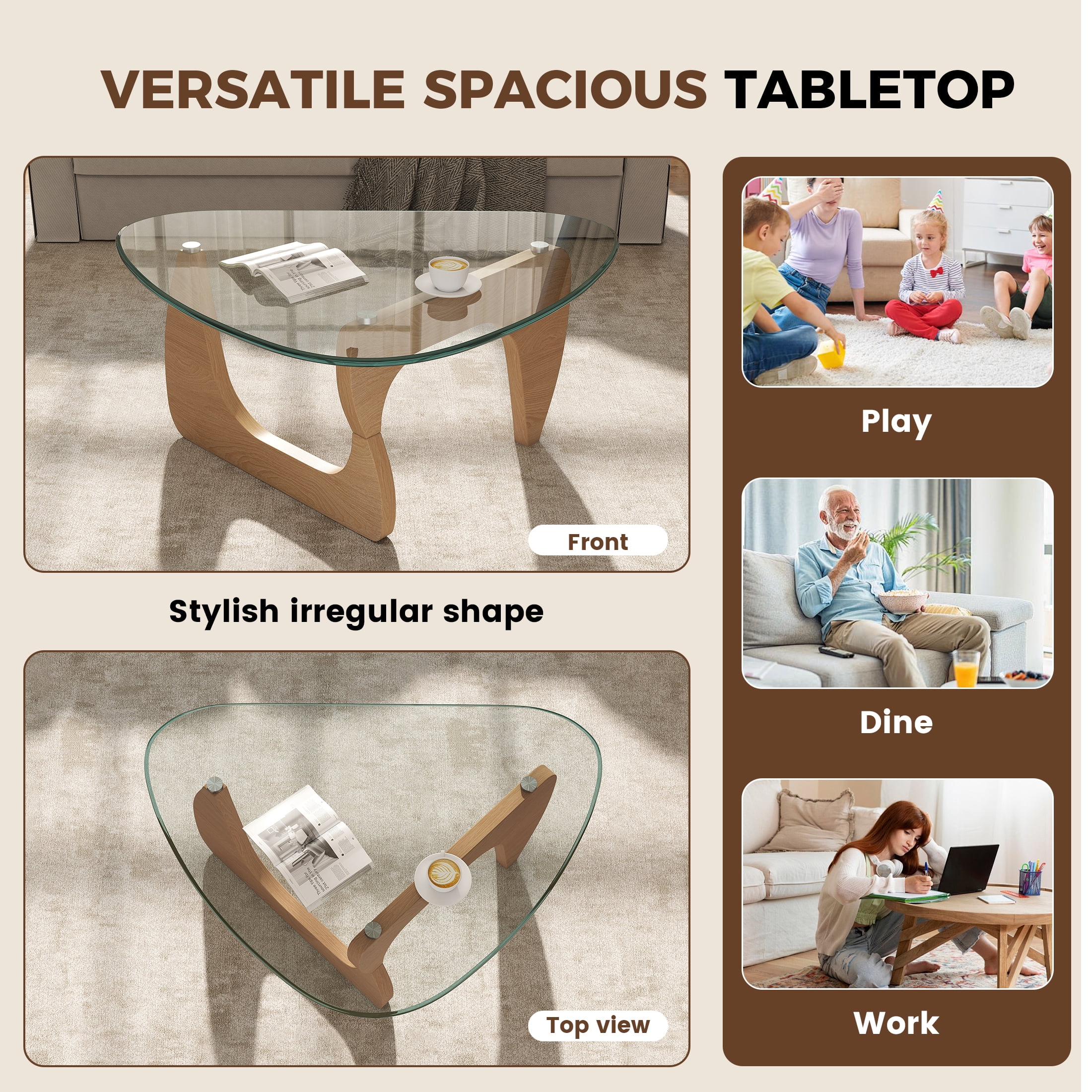 Daluvenix Modern Glass Coffee Table Triangle Coffee Table for Living Room with Glass Top and Wood Base