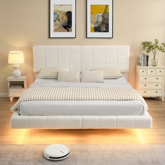 Floating Platform Bed Queen Sizew with Headboard and LED Light, Upholstered Bed Frame with Sturdy Support, No Box Spring Needed, White