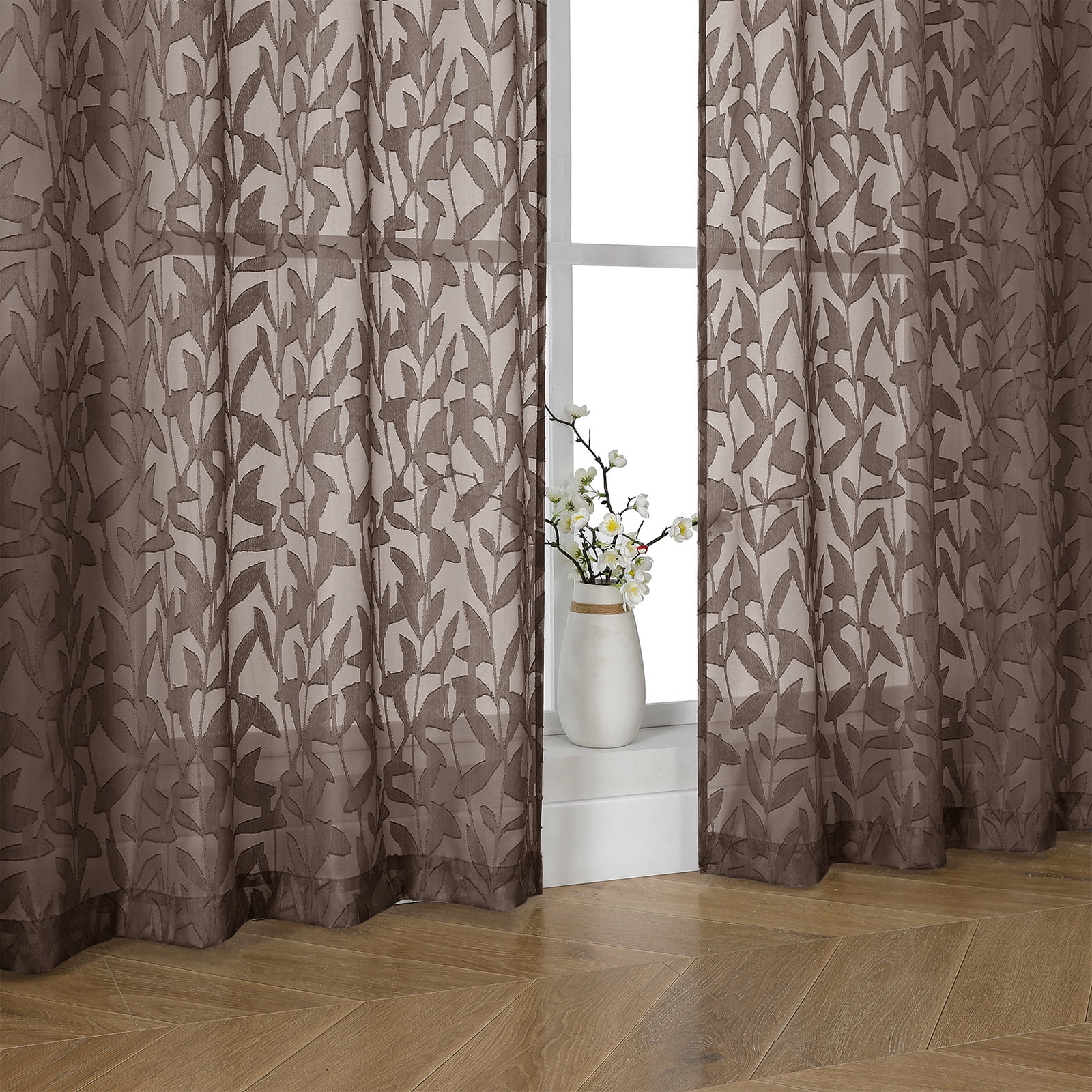 OVZME Leila Chocolate Sheer Curtains 54 Inch Length 2 Panels Set, Light Filtering Textured Leaf Jacquard Small Window Curtain for Living Room Bedroom Rod Pocket, Each 40"Wx54"L, Chocolate