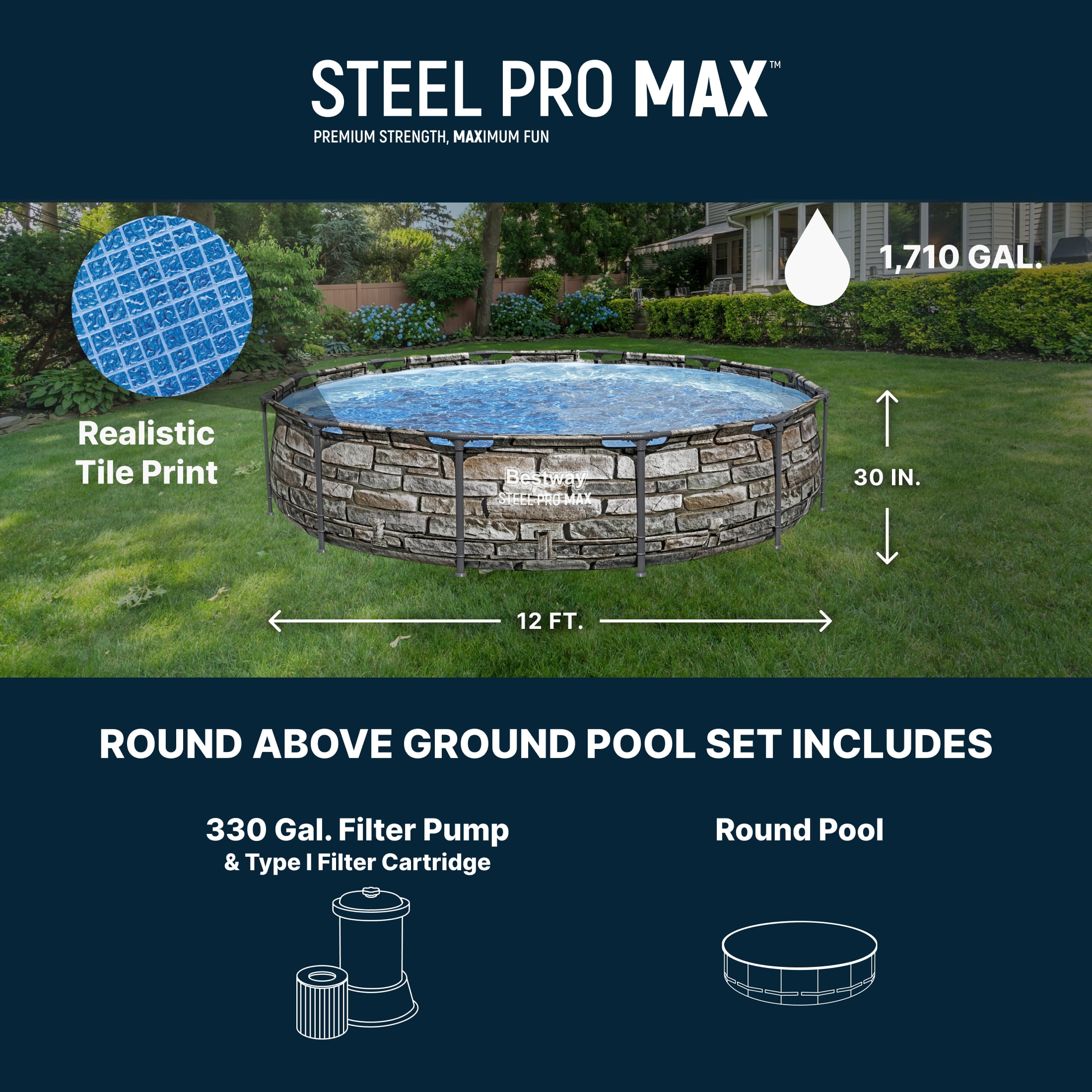 Bestway Steel Pro MAX 12'x30" Metal Frame Above Ground Pool, Filter Pump & Cartridge, Stone