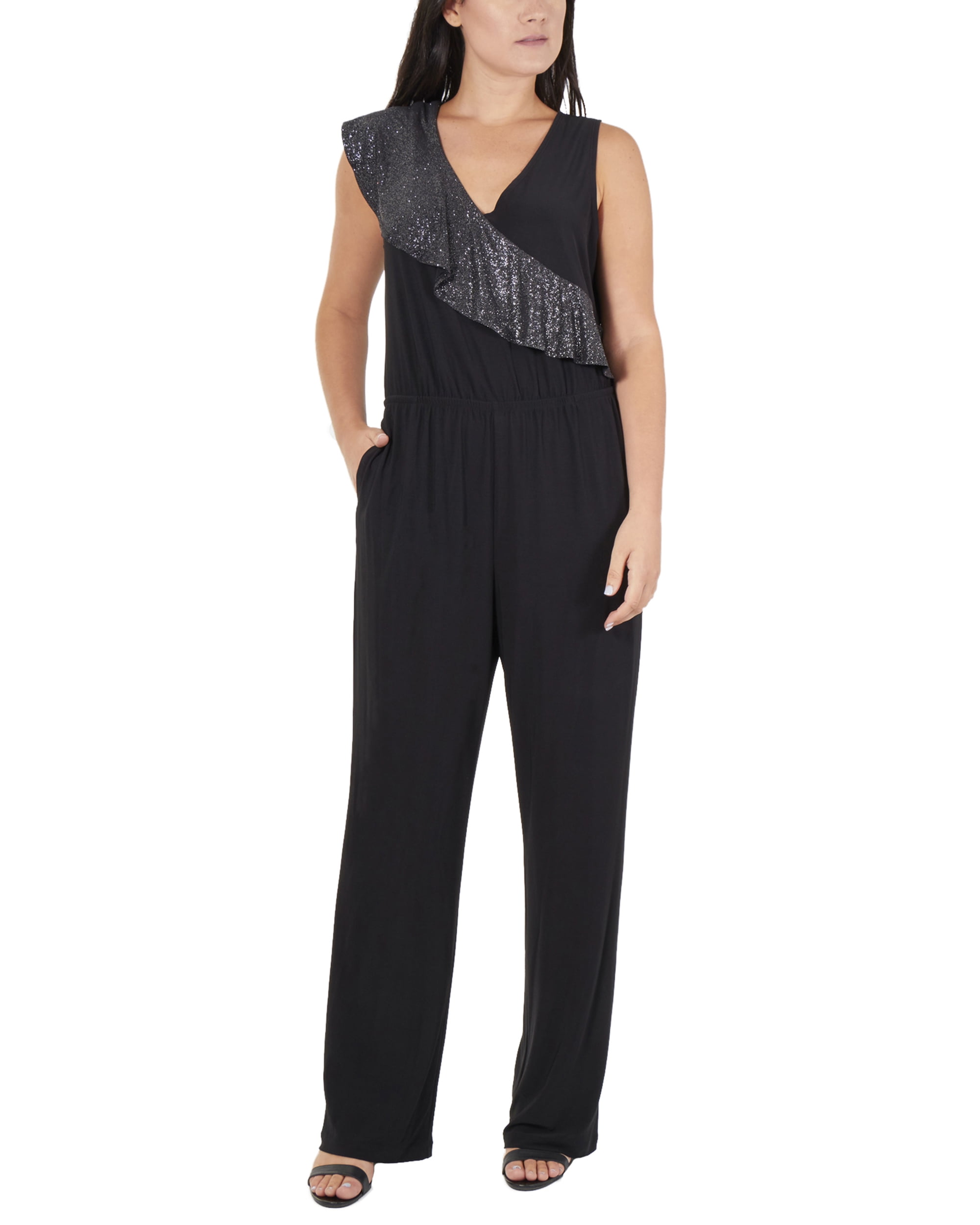 NY Collection Women's Sleeveless Ruffle Sash Jumpsuit
