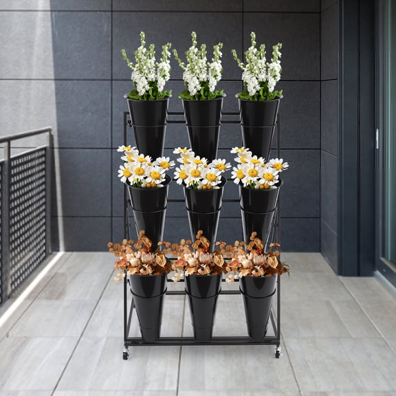 Flower Display Stand with 9 Pieces Buckets, Flexibly Moving Flower Display Holder For Home/ Florist/ Garden, Flower Display Stand, 3-tier Flower Holder