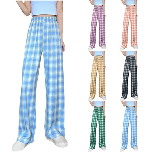 Yxbdin Womens Plaid Pajama Straight Wide Leg Palazzo Lounge Pants Comfy High Waist Trousers Comfy Loose Fit Casual Pants Light Blue Free Size