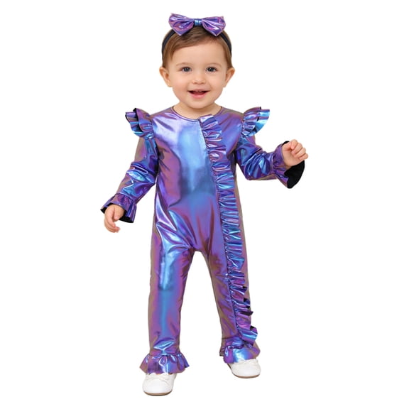 vastwit Little Girls Shiny Metallic Overalls Romper Ruffled Bodysuit Sparkly Birthday Party Dress-up Blue 18-24M
