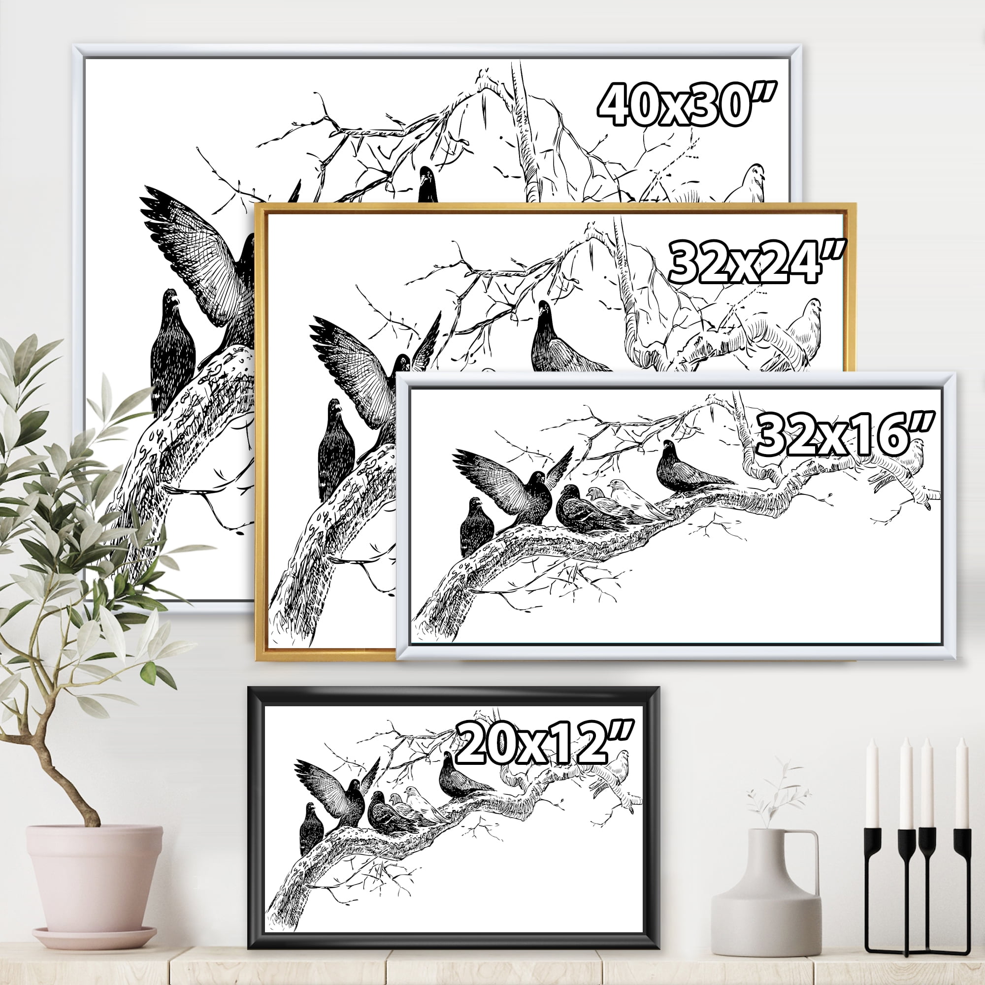 Pigeons Sitting On The Tree Branch 20 in x 12 in Framed Painting Canvas Art Print, by Designart