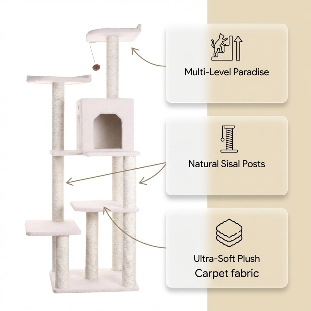Multi-Level Cat Tree Tower with Condo, Natural Sisal Scratching Posts, Ultra-Soft Plush Carpet, 68 Inches Tall, Beige
