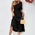 thumbnail image 5 of Edvintorg Women's 2025 Solid Summer Dress One Shoulder Sundresses Short Sleeve Casual Ruffle Party Beach A-Line Dresses Maxi Dresses for Women Black M, 5 of 7