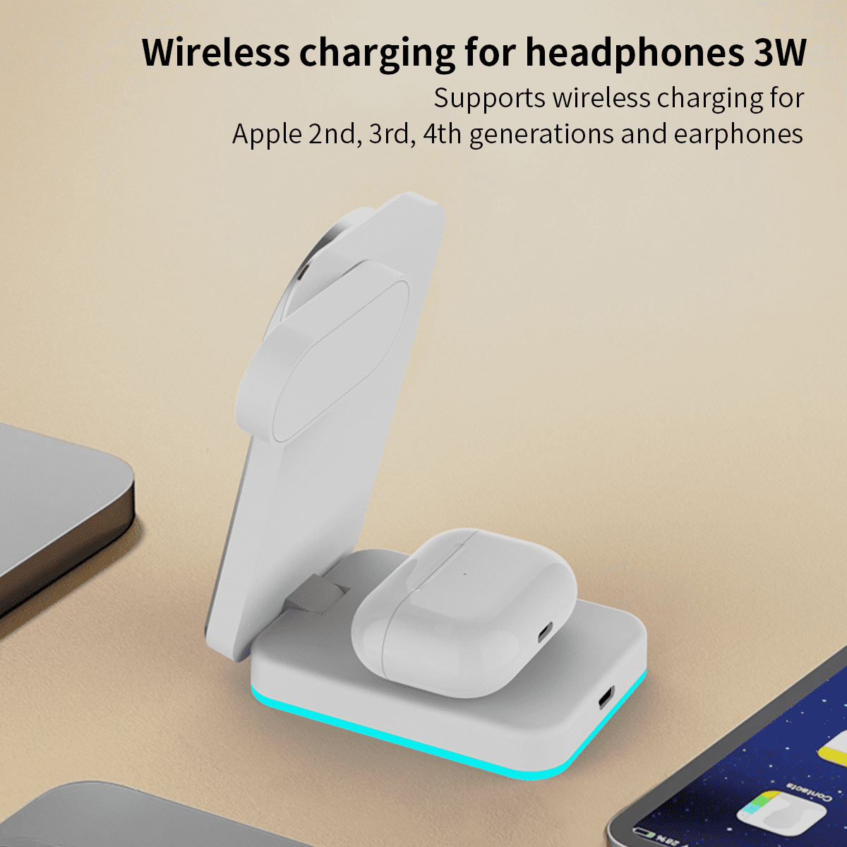 3-in-1 Magnetic Wireless Charging Station for Phone/Earbuds/Watch, 15W Fast Charger, Foldable Stand with RGB Light, Compatible with iPhone 12–17 Series, Includes 1m USB‑C Cable (No Adapter)