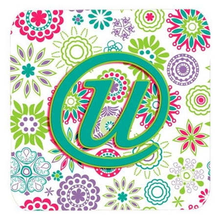 Carolines Treasures Letter U Flowers Pink Teal Green Initial Foam Coasters- Set Of 4