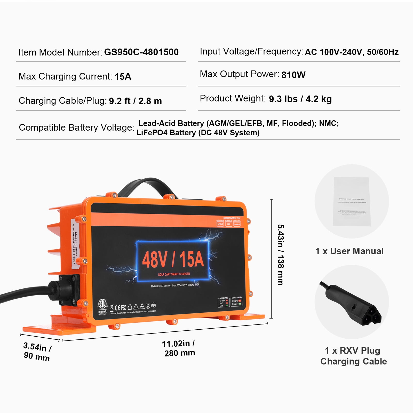 KFFKFF 48V Golf Cart Charger, 15A, Intelligent Charging with RXV Connector, Suits AGM/GEL/EFB MF Flooded NMC LiFePO4 Batteries for EZGO TXT, Water-Resistant, ETL Approved