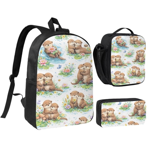 Cute Otter Floral Backpack Set 3pc ，Backpack with Lunch Bag and Bag 17 Inch