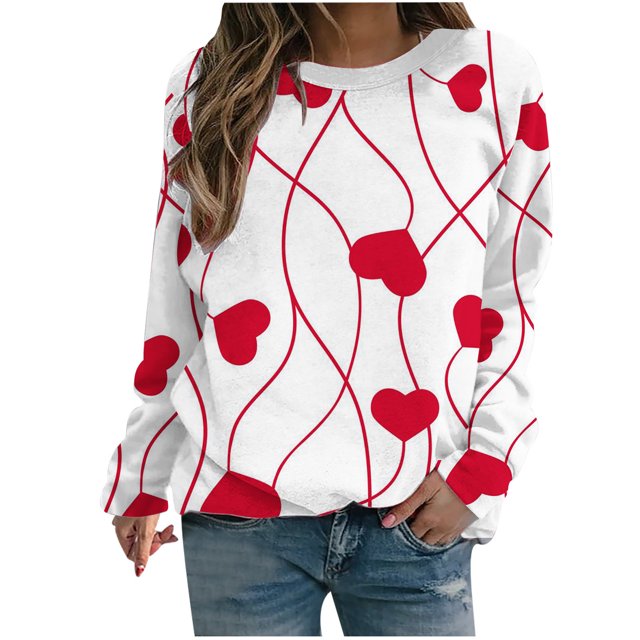 VALMASS Chandails en Molleton de la Saint-Valentin pour Femmes Manches Longues Col Rond Décontracté Mode Ample Blouses (L, Blanc-g)