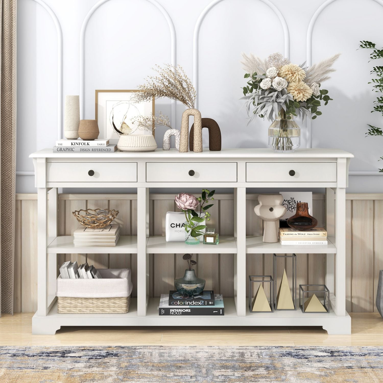 Console Table, Modern Wooden Sideboard with Ample Storage, Open Shelves