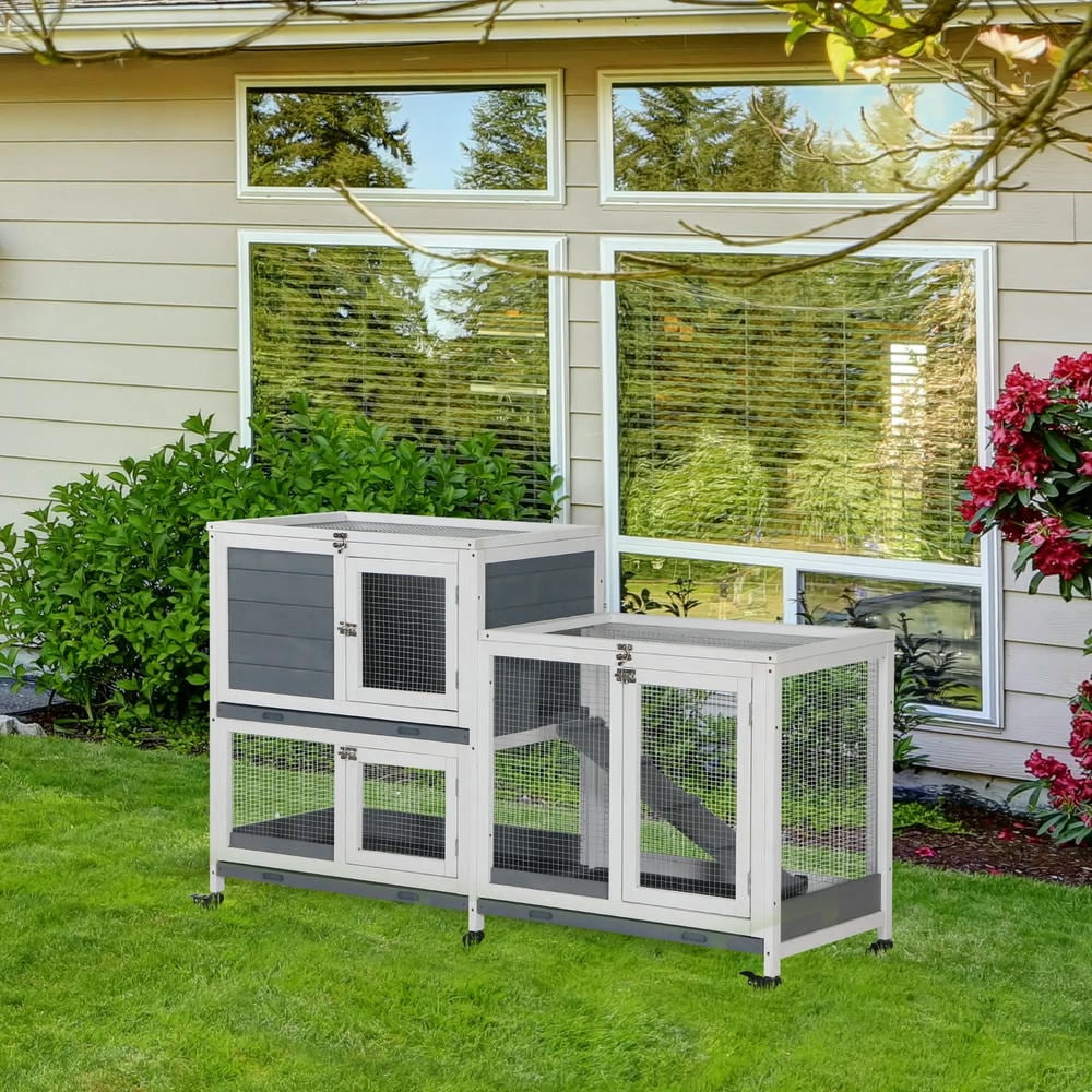 Barara King Large Rabbit Coop, Rabbit Coop, Outdoor Rabbit House,Wooden Rabbit Hutch Bunny Hutch with No Leak Tray Lockable Door Openable Top, Grey