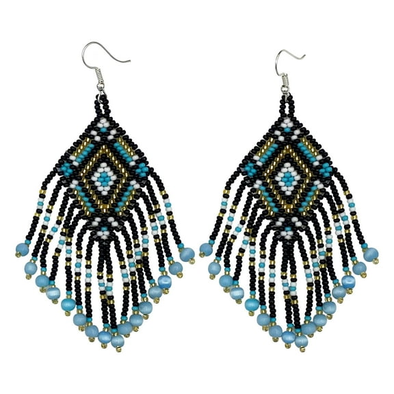 Handmade beaded Black Cyan Blue Native style hook earrings